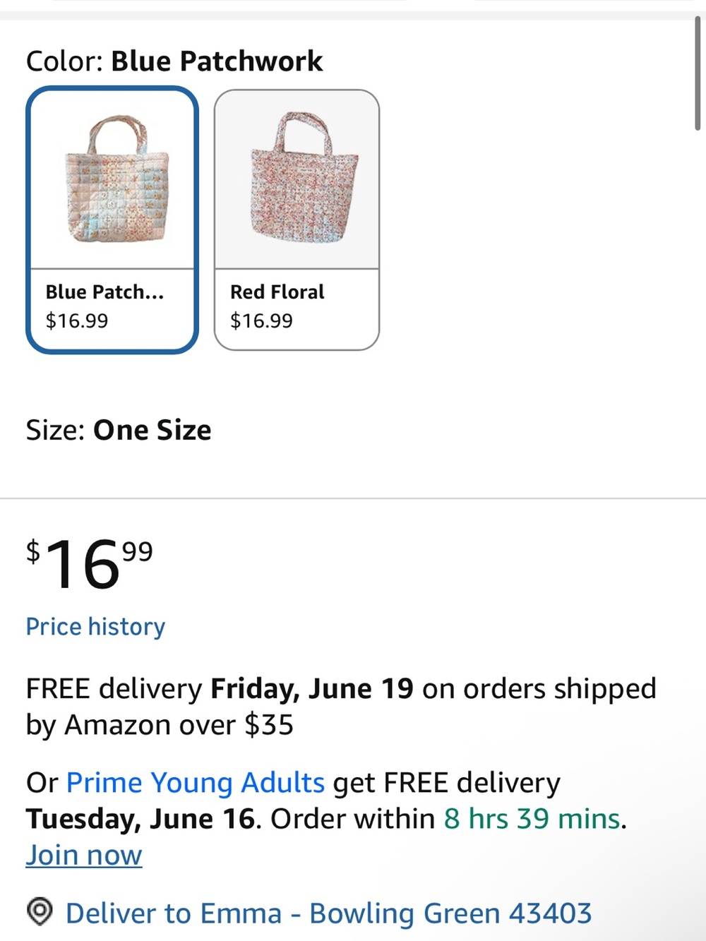 Amazon Quilted Floral Patchwork Tote in Cream, Pink, Blue and Green - Picture 5 of 5